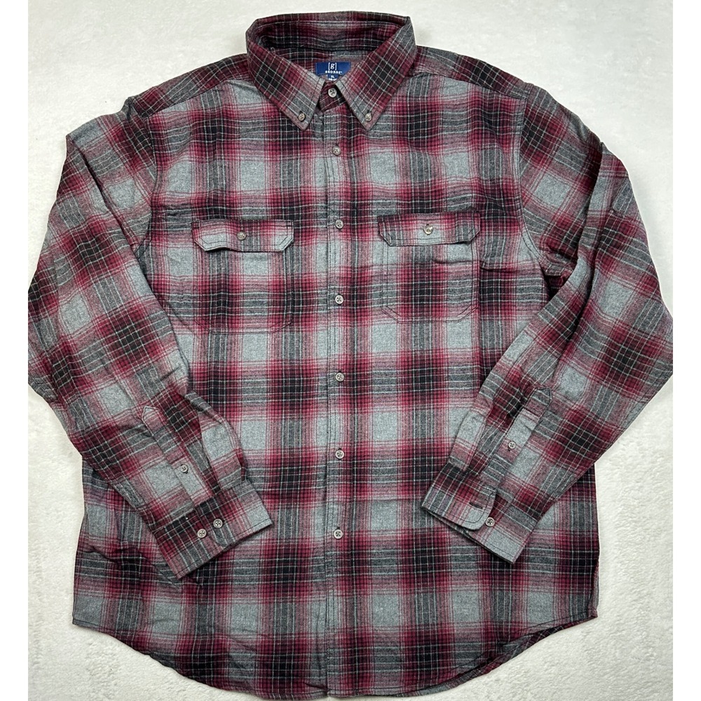 George Mens XL Red Grey Plaid Flannel Button Down Shirt Long Sleeve 46-48